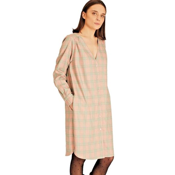 PEPALOVES SQUARES SHORT DRESS NUDE RELAXED FIT PINK GREEN PLAID PATTER POCKETS - Picture 2 of 12